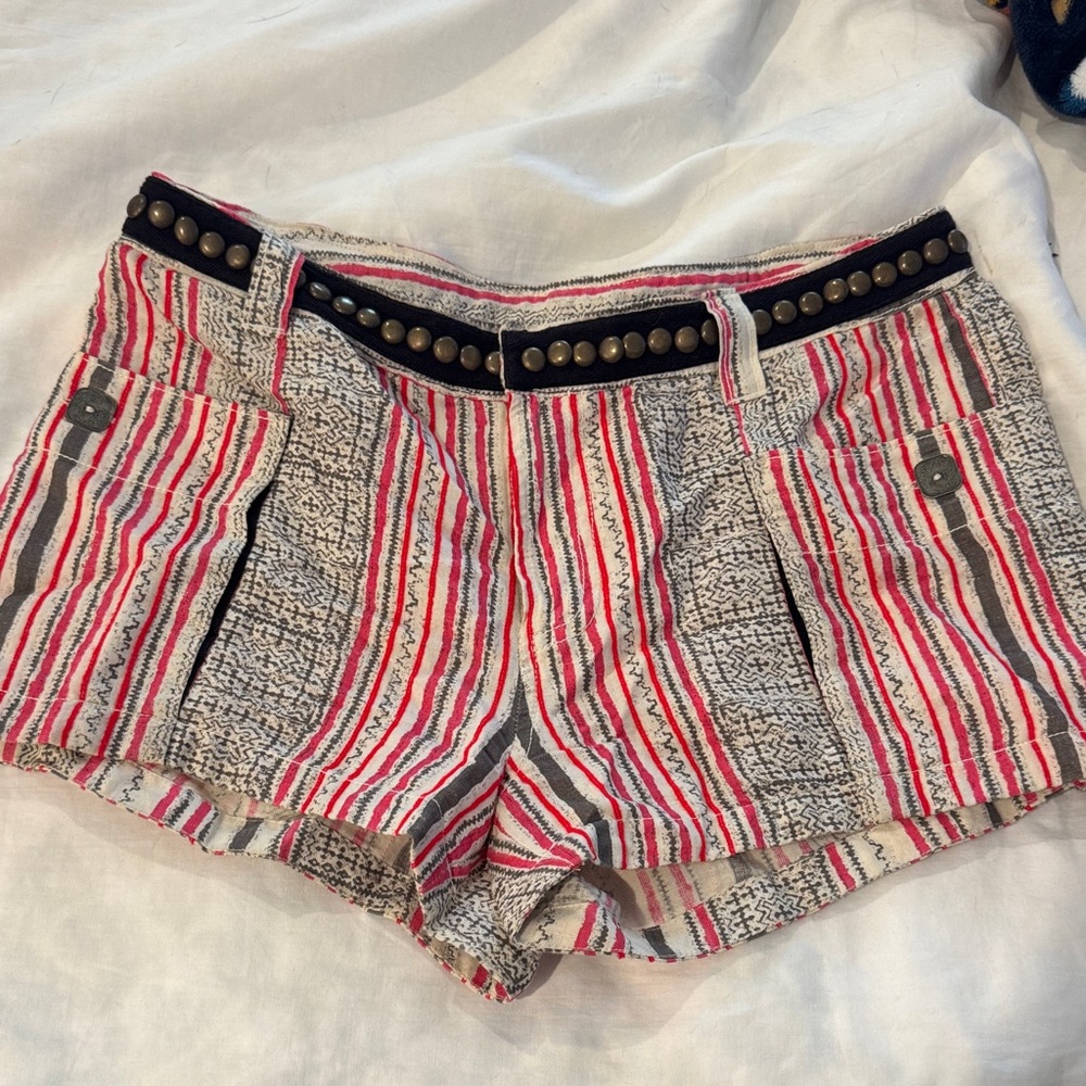Free People Striped Red, White & Black Studded-Waist Jean Shorts